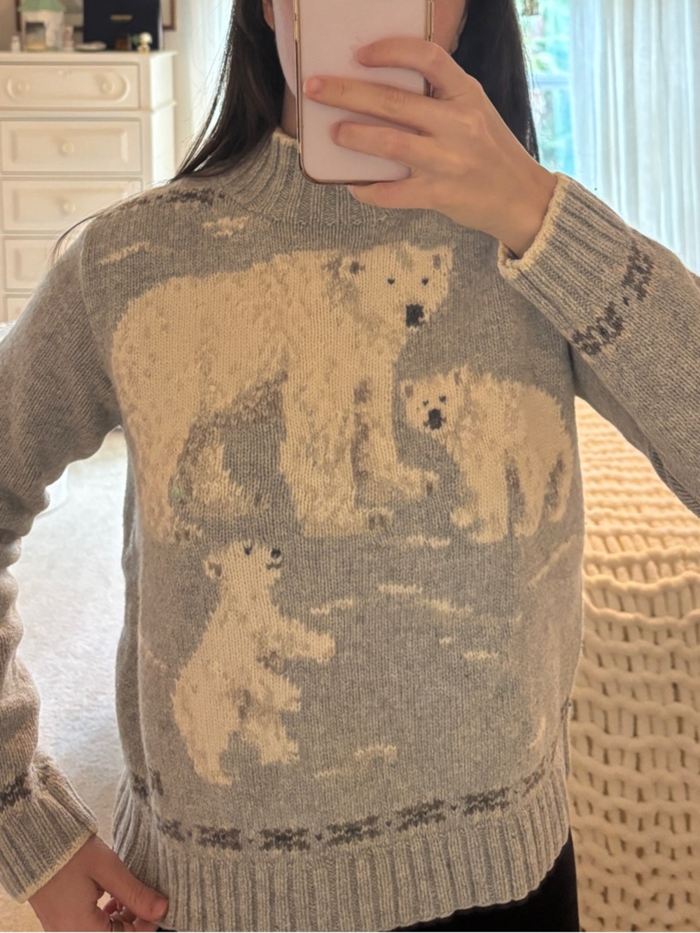 Lauren Ralph Lauren Gray Sweater | Hand Knit Vintage Lambswool Polar Bear - Picture 4 of 5